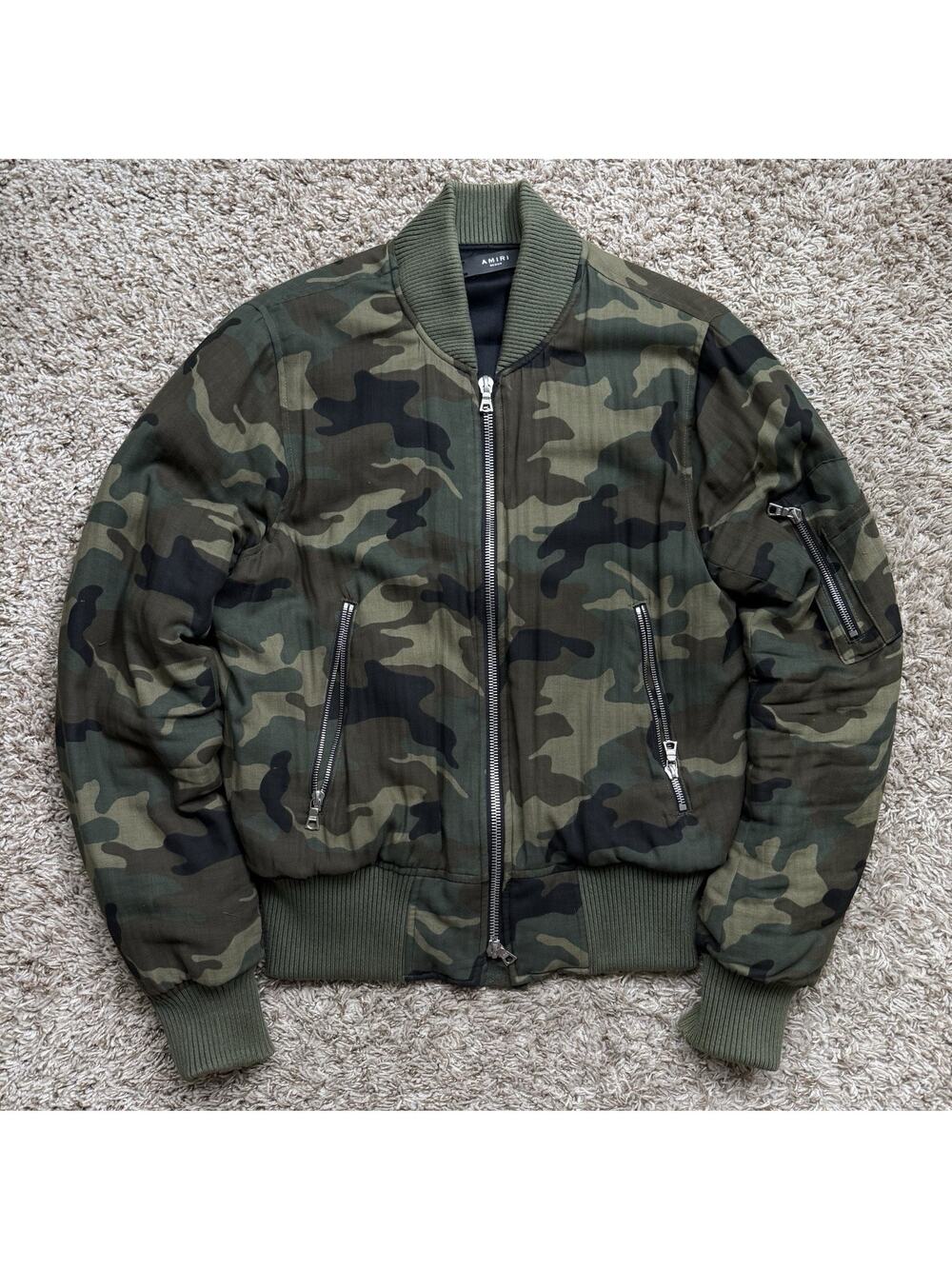 Amiri Green Camo Print Bomber Jacket Cotton / Cashmere Full Zip Men’s Size M